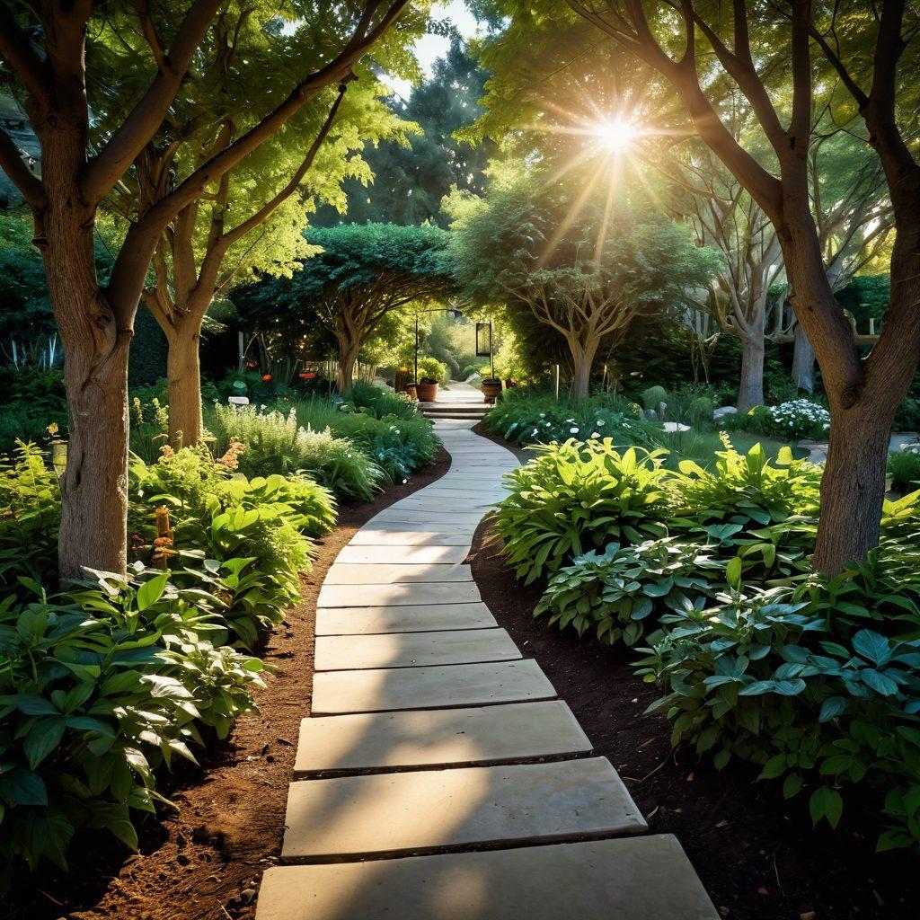A serene pathway through a lush garden, symbolizing hope and growth, with diverse individuals sharing supportive conversations. Soft sunlight filtering through the trees, creating an atmosphere of warmth and empowerment. Include symbols of knowledge like open books and light bulbs in the scene to represent information and insight. Super-realistic. Vibrant colors. Gentle background.